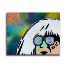 Load image into Gallery viewer, This image showcases a colorful, street-art style piece featuring Ongo with white hair and spiral-patterned glasses. The background is a vibrant mix of green, yellow, blue, and purple, with a textured, grid-like pattern adding depth. The artist&#39;s signature, &quot;Ongo,&quot; is creatively integrated on the subject&#39;s cheek in Japanese characters.
